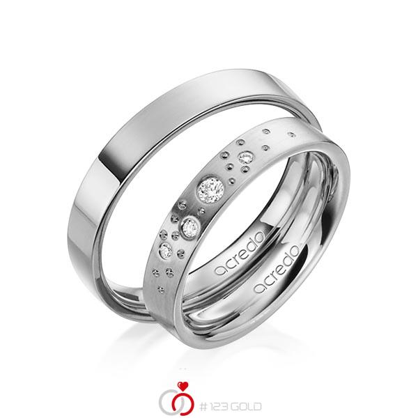 Set klassieke trouwringen in grijsgoud 14 kt. met in totaal 0,081 ct. Briljant tw/si van acredo - A-1239-3 Set klassieke trouwringen in grijsgoud 14 kt. met in totaal 0,081 ct. Briljant tw/si van acredo - A-1239-3
