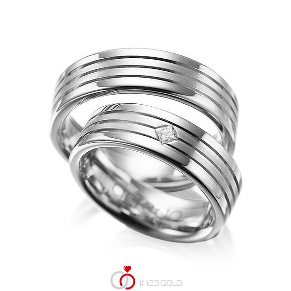 Set Klassieke trouwringen in grijsgoud 14 kt. met in totaal 0,08 ct. Princess-Diamant tw/si van acredo - A-1023-7 Set Klassieke trouwringen in grijsgoud 14 kt. met in totaal 0,08 ct. Princess-Diamant tw/si van acredo - A-1023-7