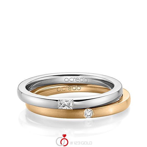 Set klassieke trouwringen in grijsgoud 14 kt. met in totaal 0,095 ct. Baguette-Diamant & Briljant tw,vs tw/si van acredo - A-1394-11 Set klassieke trouwringen in grijsgoud 14 kt. met in totaal 0,095 ct. Baguette-Diamant & Briljant tw,vs tw/si van acredo - A-1394-11