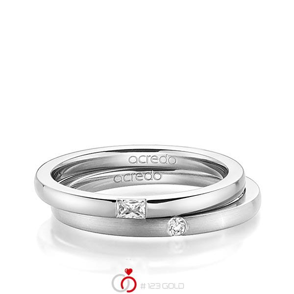 Set klassieke trouwringen in grijsgoud 14 kt. met in totaal 0,095 ct. Baguette-Diamant & Briljant tw,vs tw/si van acredo - A-1394-12 Set klassieke trouwringen in grijsgoud 14 kt. met in totaal 0,095 ct. Baguette-Diamant & Briljant tw,vs tw/si van acredo - A-1394-12