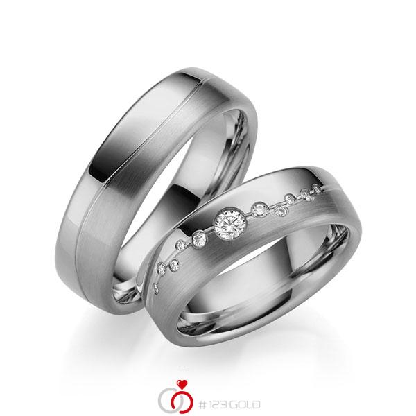 Set Klassieke trouwringen in grijsgoud 14 kt. met in totaal 0,187 ct. Briljant tw/si - UQ-1001-3 Set Klassieke trouwringen in grijsgoud 14 kt. met in totaal 0,187 ct. Briljant tw/si - UQ-1001-3