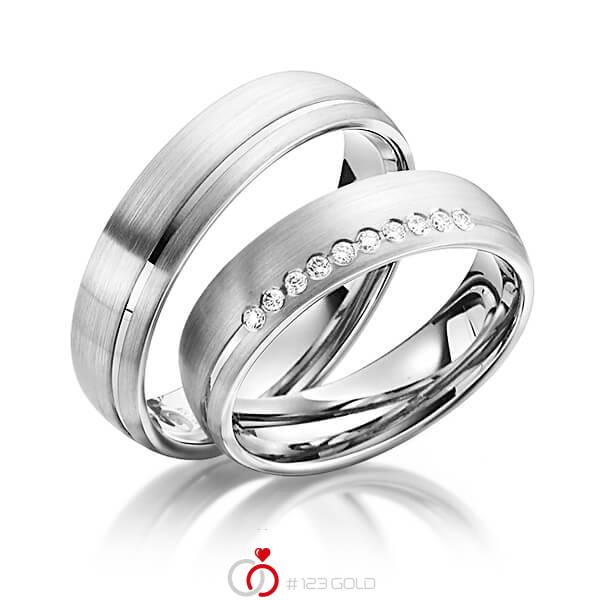 Set Klassieke trouwringen in grijsgoud 14 kt. met in totaal 0,1 ct. Briljant tw/si van Steinberg - Q-1346-11 Set Klassieke trouwringen in grijsgoud 14 kt. met in totaal 0,1 ct. Briljant tw/si van Steinberg - Q-1346-11