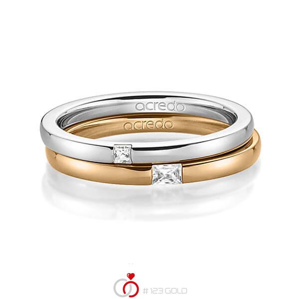 Set klassieke trouwringen in grijsgoud 14 kt. met in totaal 0,1 ct. Princess-Diamant & Baguette-Diamant tw/si tw,vs van acredo - A-1395-10 Set klassieke trouwringen in grijsgoud 14 kt. met in totaal 0,1 ct. Princess-Diamant & Baguette-Diamant tw/si tw,vs van acredo - A-1395-10