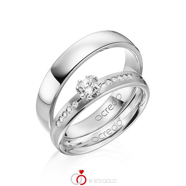 Set Klassieke trouwringen in grijsgoud 14 kt. met in totaal 0,33 ct. Princess-Diamant & Briljant tw/si van acredo - A-1367-5 Set Klassieke trouwringen in grijsgoud 14 kt. met in totaal 0,33 ct. Princess-Diamant & Briljant tw/si van acredo - A-1367-5