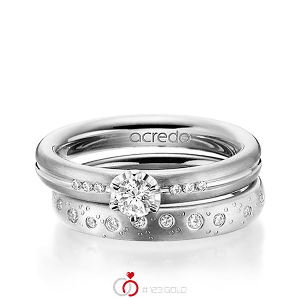 Set Klassieke trouwringen in grijsgoud 14 kt. met in totaal 0,519 ct. Briljanten & Briljant tw/si van acredo - A-1457-5 Set Klassieke trouwringen in grijsgoud 14 kt. met in totaal 0,519 ct. Briljanten & Briljant tw/si van acredo - A-1457-5