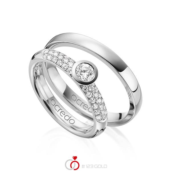 Set klassieke trouwringen in grijsgoud 14 kt. met in totaal 0,61 ct. Briljant & Briljanten tw/si tw,vs van acredo - A-1380-5 Set klassieke trouwringen in grijsgoud 14 kt. met in totaal 0,61 ct. Briljant & Briljanten tw/si tw,vs van acredo - A-1380-5