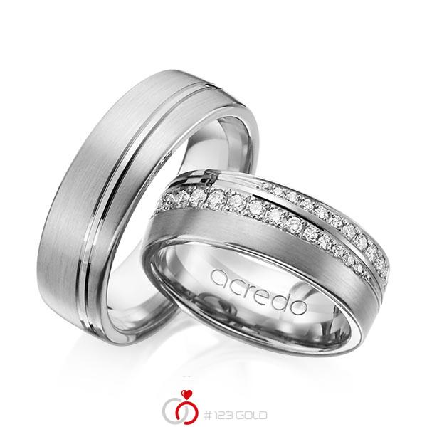 Set Klassieke trouwringen in grijsgoud 14 kt. met in totaal 0,884 ct. Briljant tw/si van acredo - A-1155-8 Set Klassieke trouwringen in grijsgoud 14 kt. met in totaal 0,884 ct. Briljant tw/si van acredo - A-1155-8