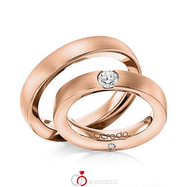 Set klassieke trouwringen in roodgoud 14 kt. met 0,3 ct. + in totaal 0,03 ct. Briljant tw/si van acredo - A-1101-5 Set klassieke trouwringen in roodgoud 14 kt. met 0,3 ct. + in totaal 0,03 ct. Briljant tw/si van acredo - A-1101-5