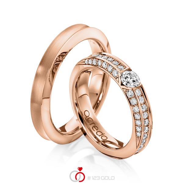 Set klassieke trouwringen in roodgoud 14 kt. met 0,3 ct. + in totaal 0,902 ct. Briljant tw/si van acredo - A-1117-3 Set klassieke trouwringen in roodgoud 14 kt. met 0,3 ct. + in totaal 0,902 ct. Briljant tw/si van acredo - A-1117-3