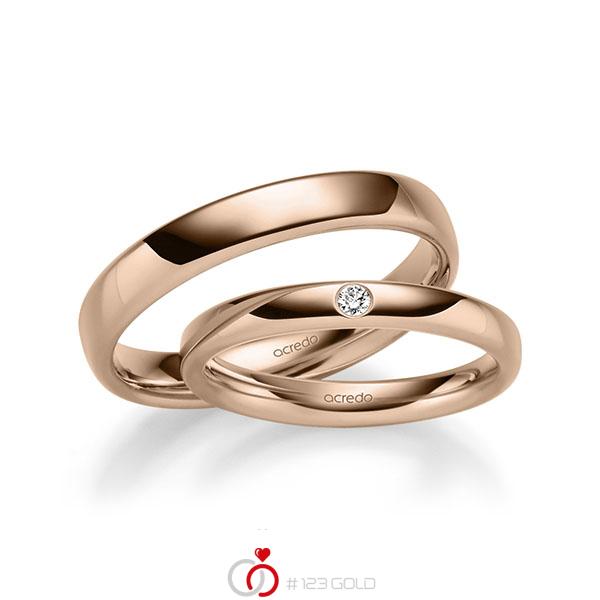 Set klassieke trouwringen in roodgoud 14 kt. met in totaal 0,04 ct. Briljant tw/si van acredo - A-1008-10 Set klassieke trouwringen in roodgoud 14 kt. met in totaal 0,04 ct. Briljant tw/si van acredo - A-1008-10