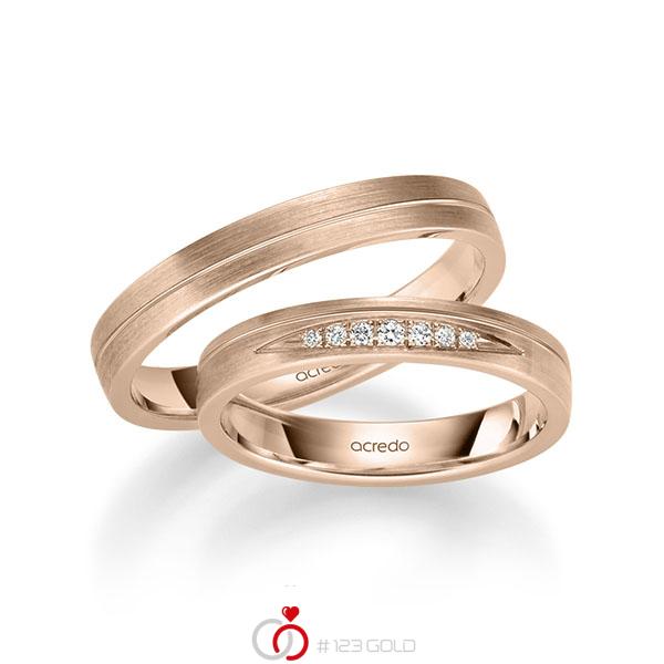 Set Klassieke trouwringen in roodgoud 14 kt. met in totaal 0,061 ct. Briljant tw/si van acredo - S-1255-11 Set Klassieke trouwringen in roodgoud 14 kt. met in totaal 0,061 ct. Briljant tw/si van acredo - S-1255-11