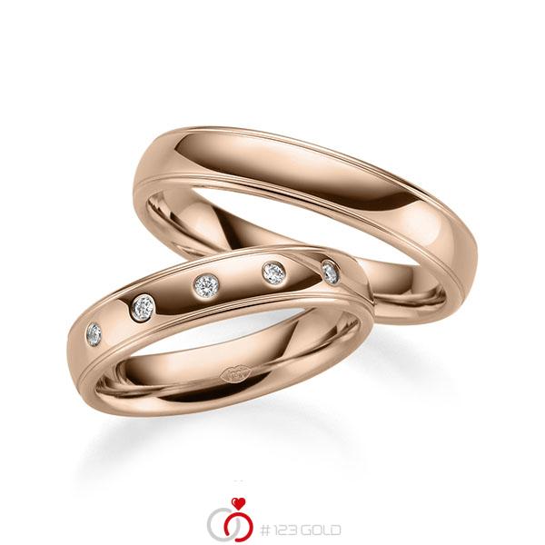 Set Klassieke trouwringen in roodgoud 14 kt. met in totaal 0,075 ct. Briljant tw/si - UQ-1010-8 Set Klassieke trouwringen in roodgoud 14 kt. met in totaal 0,075 ct. Briljant tw/si - UQ-1010-8