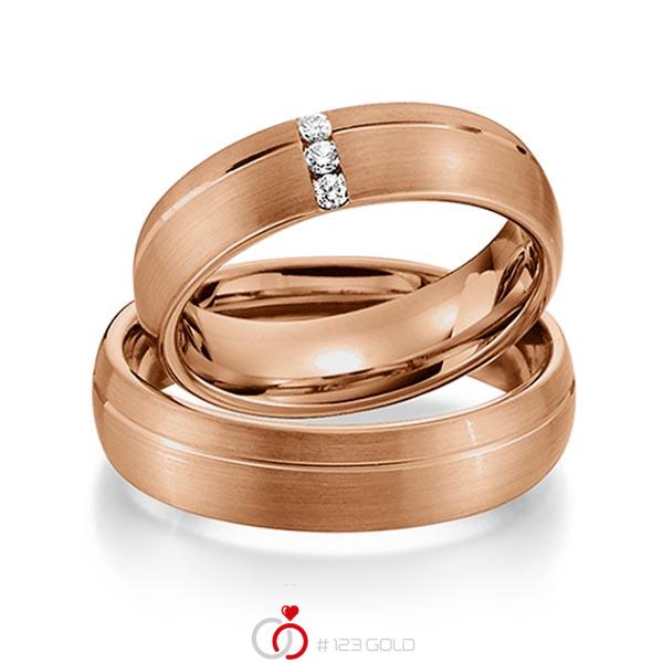 Set Klassieke trouwringen in roodgoud 14 kt. met in totaal 0,075 ct. Briljant tw/si van Steinberg - Q-1338-5 Set Klassieke trouwringen in roodgoud 14 kt. met in totaal 0,075 ct. Briljant tw/si van Steinberg - Q-1338-5