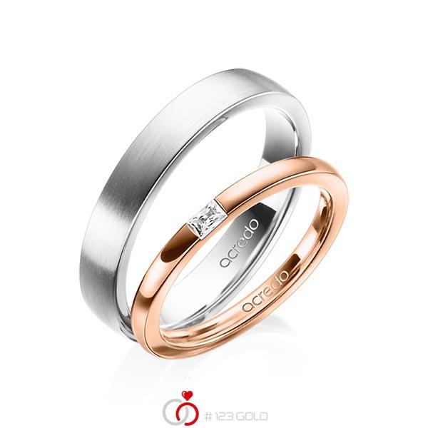 Set klassieke trouwringen in roodgoud 14 kt. met in totaal 0,07 ct. Baguette-Diamant tw,vs van acredo - A-1402-1 Set klassieke trouwringen in roodgoud 14 kt. met in totaal 0,07 ct. Baguette-Diamant tw,vs van acredo - A-1402-1