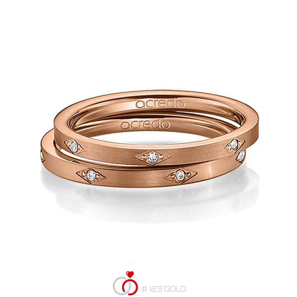 Set klassieke trouwringen in roodgoud 14 kt. met in totaal 0,07 ct. Briljant tw/si van acredo - A-1388-7 Set klassieke trouwringen in roodgoud 14 kt. met in totaal 0,07 ct. Briljant tw/si van acredo - A-1388-7