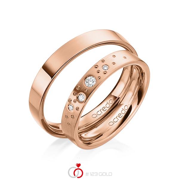 Set klassieke trouwringen in roodgoud 14 kt. met in totaal 0,081 ct. Briljant tw/si van acredo - A-1239-4 Set klassieke trouwringen in roodgoud 14 kt. met in totaal 0,081 ct. Briljant tw/si van acredo - A-1239-4