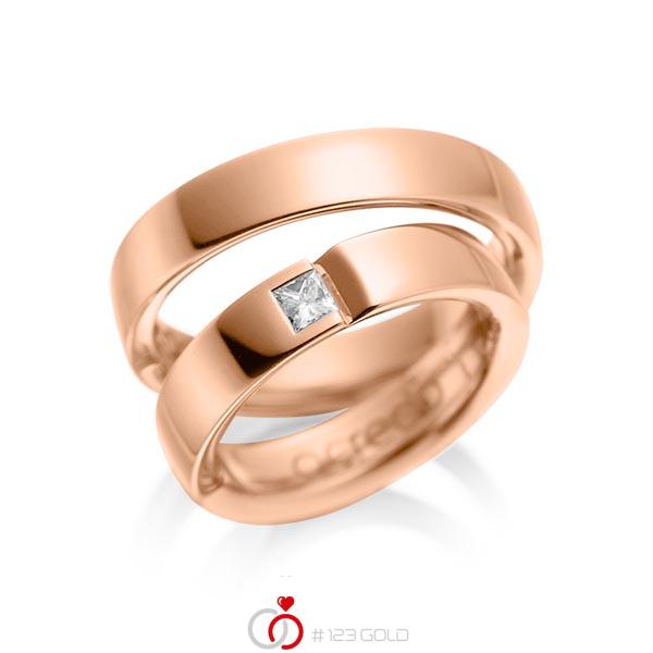 Set klassieke trouwringen in roodgoud 14 kt. met in totaal 0,15 ct. Princess-Diamant tw/si van acredo - A-1029-6 Set klassieke trouwringen in roodgoud 14 kt. met in totaal 0,15 ct. Princess-Diamant tw/si van acredo - A-1029-6