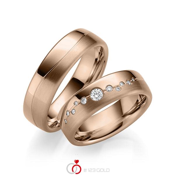 Set Klassieke trouwringen in roodgoud 14 kt. met in totaal 0,187 ct. Briljant tw/si - UQ-1001-1 Set Klassieke trouwringen in roodgoud 14 kt. met in totaal 0,187 ct. Briljant tw/si - UQ-1001-1