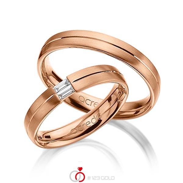 Set Klassieke trouwringen in roodgoud 14 kt. met in totaal 0,1 ct. Baguette-Diamant tw,vs van acredo - A-1293-7 Set Klassieke trouwringen in roodgoud 14 kt. met in totaal 0,1 ct. Baguette-Diamant tw,vs van acredo - A-1293-7