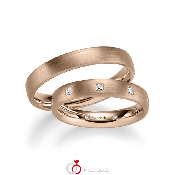 Set klassieke trouwringen in roodgoud 14 kt. met in totaal 0,27 ct. Princess-Diamant tw/si van acredo - A-1004-10 Set klassieke trouwringen in roodgoud 14 kt. met in totaal 0,27 ct. Princess-Diamant tw/si van acredo - A-1004-10