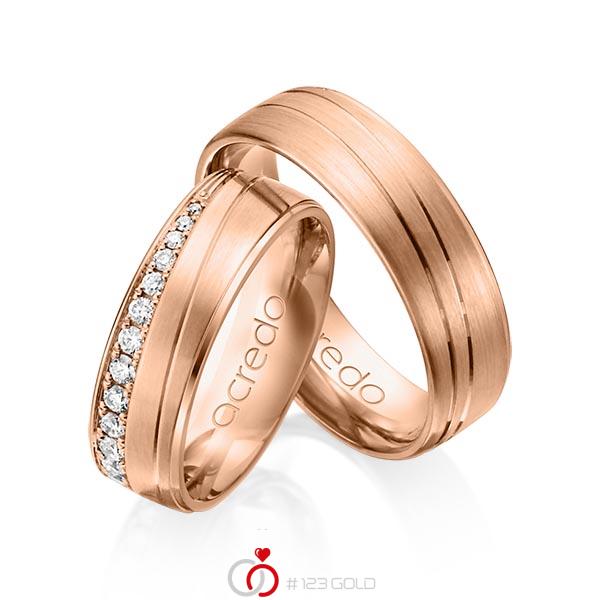 Set Klassieke trouwringen in roodgoud 14 kt. met in totaal 0,406 ct. Briljant tw/si van acredo - A-1152-7 Set Klassieke trouwringen in roodgoud 14 kt. met in totaal 0,406 ct. Briljant tw/si van acredo - A-1152-7