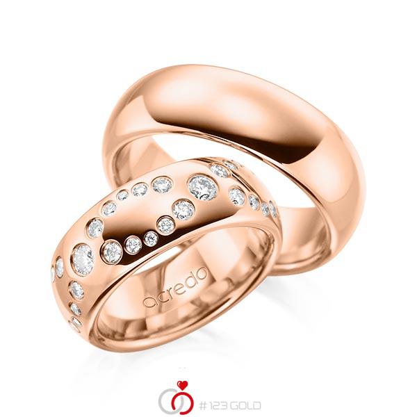 Set klassieke trouwringen in roodgoud 14 kt. met in totaal 1,45 ct. Briljant tw/si van acredo - A-1257-4 Set klassieke trouwringen in roodgoud 14 kt. met in totaal 1,45 ct. Briljant tw/si van acredo - A-1257-4