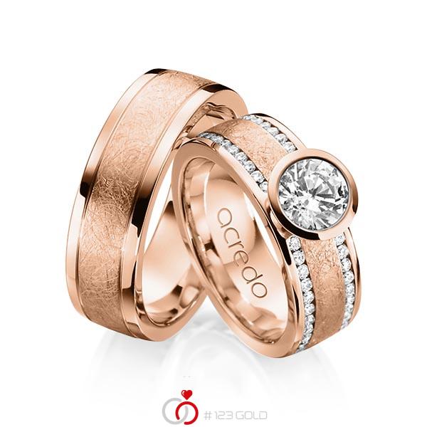 Set Klassieke trouwringen in roodgoud 18 kt. met 1 ct. + in totaal 0,4 ct. Briljant & Briljanten tw/si van acredo - A-1208-4 Set Klassieke trouwringen in roodgoud 18 kt. met 1 ct. + in totaal 0,4 ct. Briljant & Briljanten tw/si van acredo - A-1208-4
