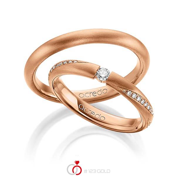 Set klassieke trouwringen in roodgoud 18 kt. met in totaal 0,325 ct. Briljant tw/si r,if van acredo - A-1462-4 Set klassieke trouwringen in roodgoud 18 kt. met in totaal 0,325 ct. Briljant tw/si r,if van acredo - A-1462-4
