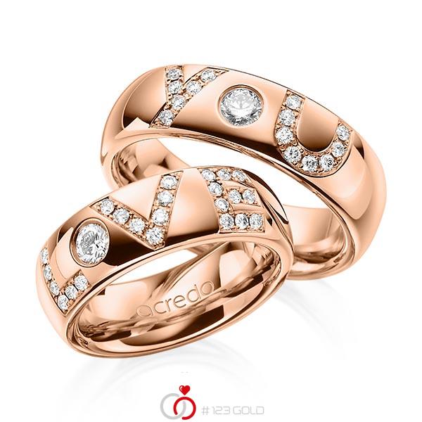 Set klassieke trouwringen in roodgoud 18 kt. met in totaal 0,955 ct. Briljant tw/si van acredo - A-1253-1 Set klassieke trouwringen in roodgoud 18 kt. met in totaal 0,955 ct. Briljant tw/si van acredo - A-1253-1