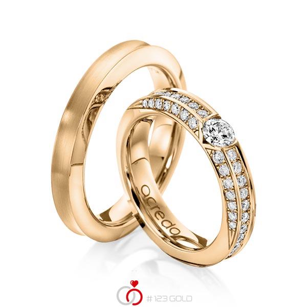 Set klassieke trouwringen in roségoud 14 kt. met 0,3 ct. + in totaal 0,902 ct. Briljant tw/si van acredo - A-1117-7 Set klassieke trouwringen in roségoud 14 kt. met 0,3 ct. + in totaal 0,902 ct. Briljant tw/si van acredo - A-1117-7