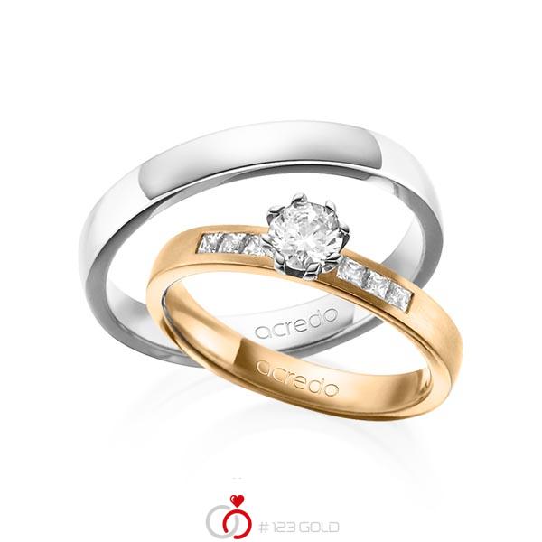 Set klassieke trouwringen in roségoud 14 kt. met 0,4 ct. + in totaal 0,18 ct. Briljant & Princess-Diamant tw,vs tw/si van acredo - A-1379-1 Set klassieke trouwringen in roségoud 14 kt. met 0,4 ct. + in totaal 0,18 ct. Briljant & Princess-Diamant tw,vs tw/si van acredo - A-1379-1