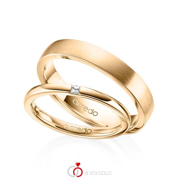 Set klassieke trouwringen in roségoud 14 kt. met in totaal 0,03 ct. Princess-Diamant tw/si van acredo - A-1401-4 Set klassieke trouwringen in roségoud 14 kt. met in totaal 0,03 ct. Princess-Diamant tw/si van acredo - A-1401-4