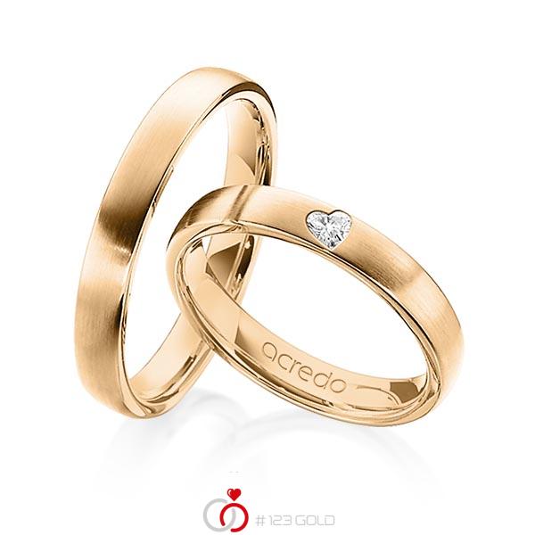 Set klassieke trouwringen in roségoud 14 kt. met in totaal 0,08 ct. Hart-Diamant tw,vs van acredo - A-1242-3 Set klassieke trouwringen in roségoud 14 kt. met in totaal 0,08 ct. Hart-Diamant tw,vs van acredo - A-1242-3