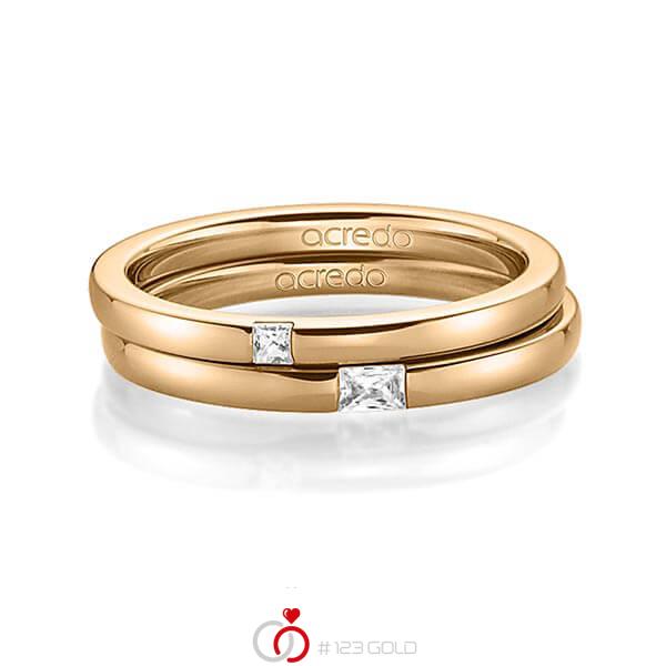 Set klassieke trouwringen in roségoud 14 kt. met in totaal 0,1 ct. Princess-Diamant & Baguette-Diamant tw/si tw,vs van acredo - A-1395-7 Set klassieke trouwringen in roségoud 14 kt. met in totaal 0,1 ct. Princess-Diamant & Baguette-Diamant tw/si tw,vs van acredo - A-1395-7