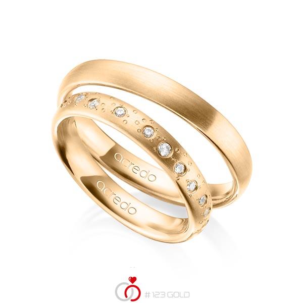 Set klassieke trouwringen in roségoud 14 kt. met in totaal 0,221 ct. Briljant tw/si van acredo - A-1297-3 Set klassieke trouwringen in roségoud 14 kt. met in totaal 0,221 ct. Briljant tw/si van acredo - A-1297-3