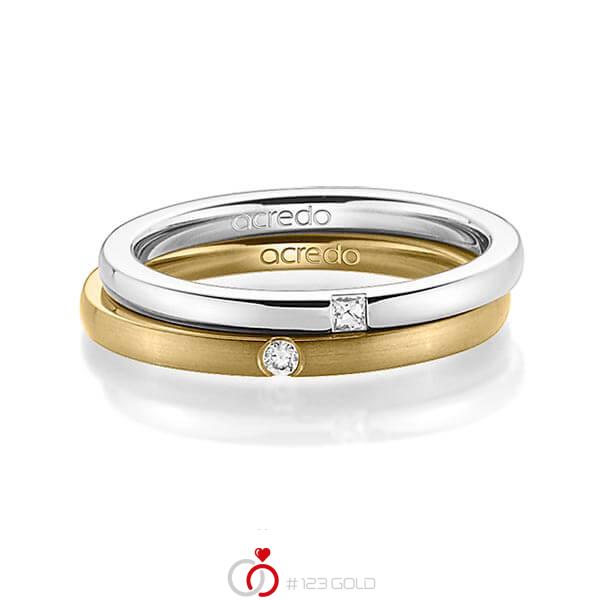 Set klassieke trouwringen in witgoud 14 kt. met in totaal 0,055 ct. Princess-Diamant & Briljant tw/si van acredo - A-1393-1 Set klassieke trouwringen in witgoud 14 kt. met in totaal 0,055 ct. Princess-Diamant & Briljant tw/si van acredo - A-1393-1