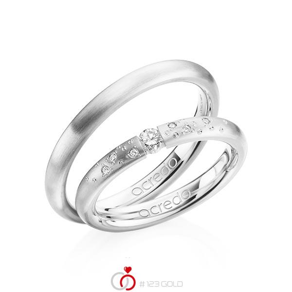 Set klassieke trouwringen in witgoud 14 kt. met in totaal 0,13 ct. Briljant tw/si van acredo - A-1291-1 Set klassieke trouwringen in witgoud 14 kt. met in totaal 0,13 ct. Briljant tw/si van acredo - A-1291-1