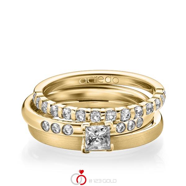 Triset in geelgoud 14 kt. half gezet met 0,4 ct. + in totaal 0,42 ct. Briljant & Princess-Diamant tw,vs tw/si van acredo - A-1229-2 Triset in geelgoud 14 kt. half gezet met 0,4 ct. + in totaal 0,42 ct. Briljant & Princess-Diamant tw,vs tw/si van acredo - A-1229-2