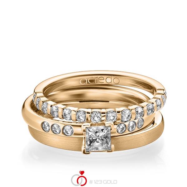 Triset in roségoud 14 kt. half gezet met 0,4 ct. + in totaal 0,42 ct. Briljant & Princess-Diamant tw,vs tw/si van acredo - A-1229-4 Triset in roségoud 14 kt. half gezet met 0,4 ct. + in totaal 0,42 ct. Briljant & Princess-Diamant tw,vs tw/si van acredo - A-1229-4