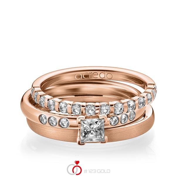 Triset in Rotgold 585 halbausgefasst mit 0,4 ct. + zus. 0,42 ct. Brillant & Prinzess-Diamant tw, vs tw, si von acredo - A-1229-3 Triset in Rotgold 585 halbausgefasst mit 0,4 ct. + zus. 0,42 ct. Brillant & Prinzess-Diamant tw, vs tw, si von acredo - A-1229-3