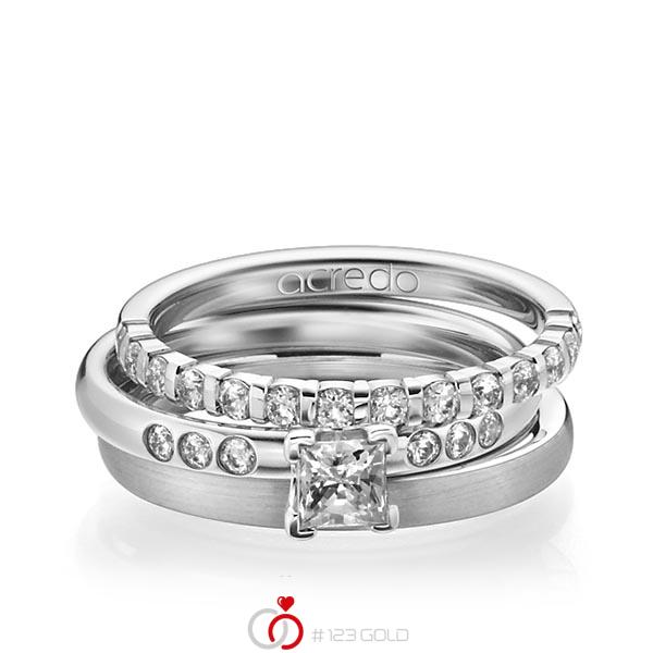 Triset in Weißgold 585 halbausgefasst mit 0,4 ct. + zus. 0,42 ct. Brillant & Prinzess-Diamant tw, vs tw, si von acredo - A-1229-1 Triset in Weißgold 585 halbausgefasst mit 0,4 ct. + zus. 0,42 ct. Brillant & Prinzess-Diamant tw, vs tw, si von acredo - A-1229-1