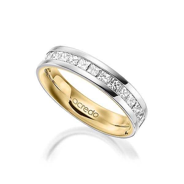 bicolor Memoire-Trauring/Ehering in aussen Graugold 585 , innen Gelbgold 585 halbausgefasst mit zus. 0,98 ct. Prinzess-Diamant tw, si von acredo - A-1556-1