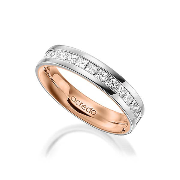 bicolor Memoire-Trauring/Ehering in außen Platin 950 , innen Rotgold 750 halbausgefasst mit zus. 0,98 ct. Prinzess-Diamant tw, si von acredo