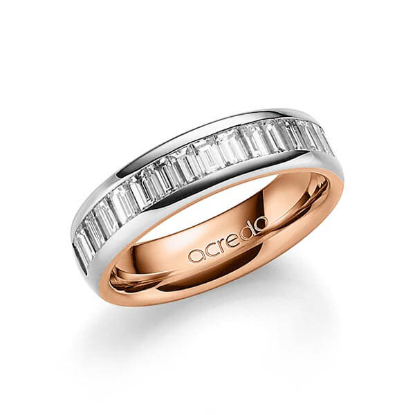 Bicolor Memoire-trouwring in buiten 600 Platinahoudend metaal (60%) , binnen roodgoud 18 kt. half gezet met in totaal 1,36 ct. Baguette-Diamant tw,vs van acredo - A-1552-2