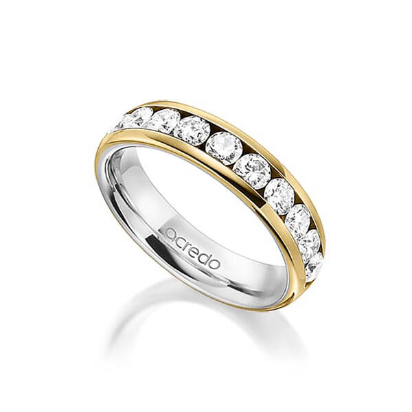 Bicolor Memoire-trouwring in buiten geelgoud 14 kt. , binnen grijsgoud 14 kt. half gezet met in totaal 1,1 ct. Briljant tw/si van acredo - A-1558-1 Bicolor Memoire-trouwring in buiten geelgoud 14 kt. , binnen grijsgoud 14 kt. half gezet met in totaal 1,1 ct. Briljant tw/si van acredo - A-1558-1