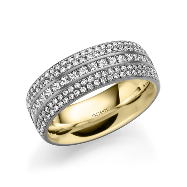 Bicolor Memoire-trouwring in buiten grijsgoud 14 kt. , binnen geelgoud 14 kt. half gezet met in totaal 1,12 ct. Briljant & Princess-Diamant tw/si van acredo - A-1623-14