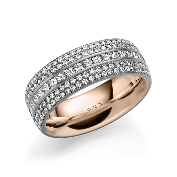 Bicolor Memoire-trouwring in buiten grijsgoud 14 kt. , binnen roodgoud 14 kt. half gezet met in totaal 1,12 ct. Briljant & Princess-Diamant tw/si van acredo