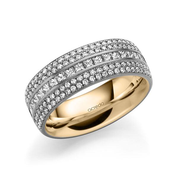 Bicolor Memoire-trouwring in buiten grijsgoud 14 kt. , binnen roségoud 14 kt. half gezet met in totaal 1,12 ct. Briljant & Princess-Diamant tw/si van acredo