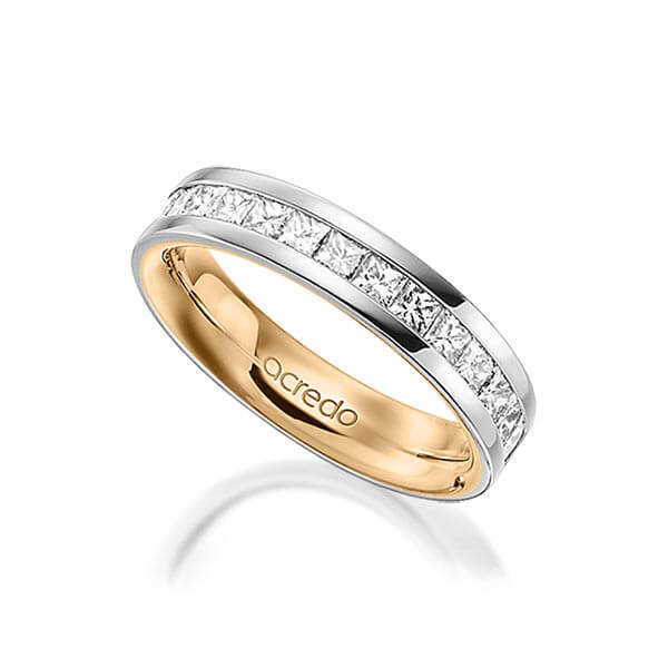 Bicolor Memoire-trouwring in buiten platina 950 , binnen roségoud 18 kt. half gezet met in totaal 0,98 ct. Princess-Diamant tw/si van acredo - A-1556-10