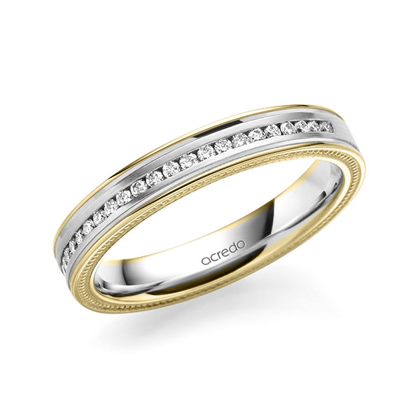 Bicolor Memoire-trouwring in geelgoud 14 kt. witgoud 14 kt. half gezet met in totaal 0,192 ct. Briljant tw/si van acredo - A-1762-14 Bicolor Memoire-trouwring in geelgoud 14 kt. witgoud 14 kt. half gezet met in totaal 0,192 ct. Briljant tw/si van acredo - A-1762-14